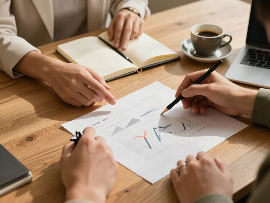 A collaborative business review with analytical reports and strategic notes